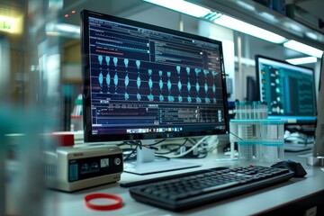 Computer screen displaying virus genome research software in advanced biotechnology lab with