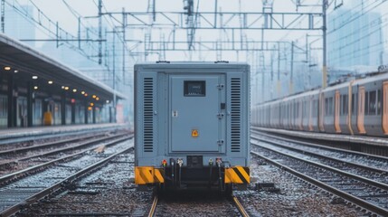 Obraz premium Railway terminal generator with grey enclosure for power distribution