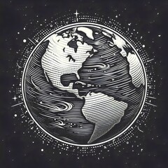 Obraz premium Globe, sketch engraving generative raster illustration. Black and white image. Icon, logo. 