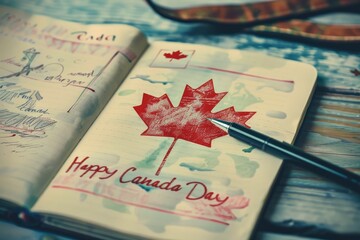 Naklejka premium Happy Canada Da written in a notebook, celebrating Canadian pride and national holiday in a simple