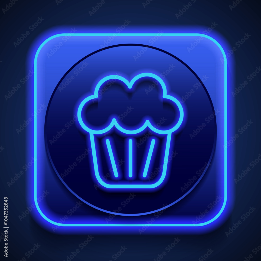 Poster cupcake simple icon vector. flat design. blue neon style on button. with shadow