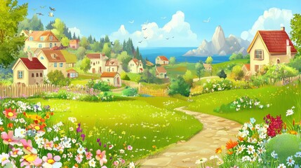 Village Panorama: Green Meadows and Blue Skies in a Cartoon Landscape