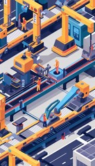 Obraz premium Isometric vector illustration of a robotic factory where an engineer operates a robotic conveyor