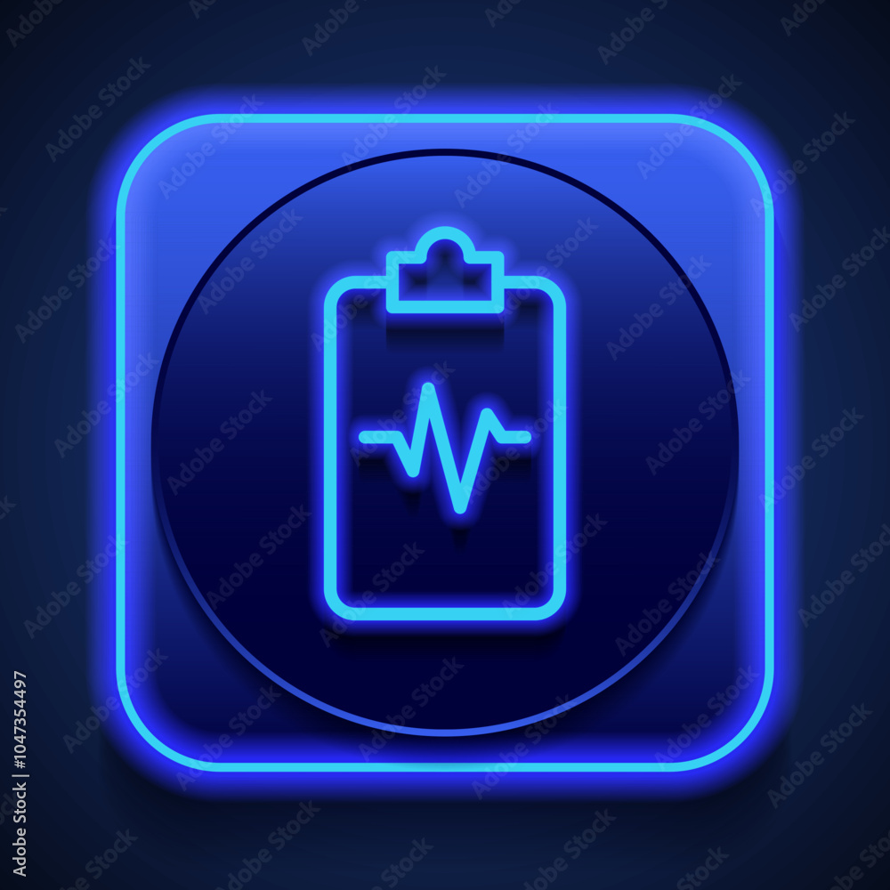 Poster clipboard with pulse line simple icon vector. flat design. blue neon style on button. with shadow
