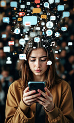 Young woman absorbed in her phone, reflecting social media addiction concerns