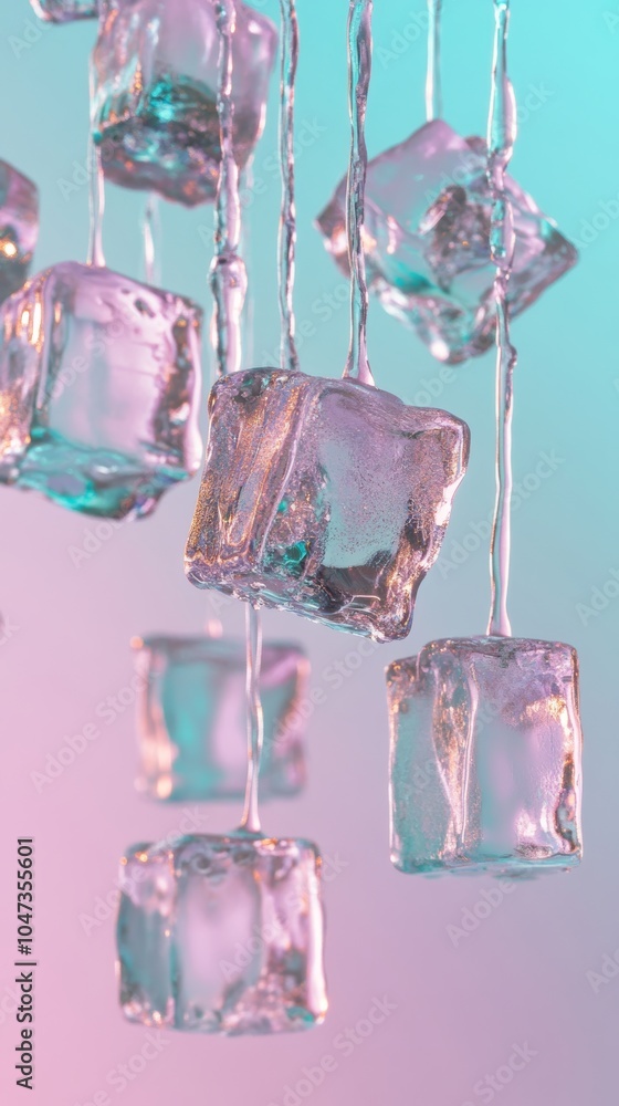 Poster melting ice cubes hanging on water threads on gradient background