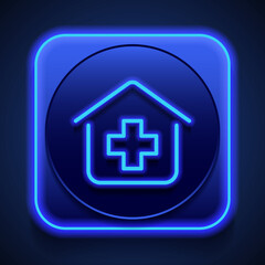 Clinic, hospital simple icon vector. Flat design. Blue neon style on button. With shadow