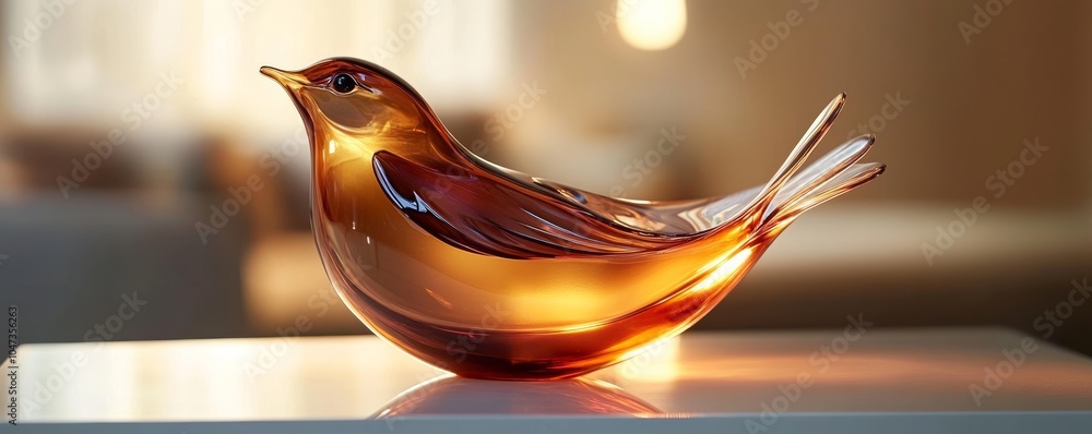 Sticker Elegant amber glass bird sculpture illuminating modern interior