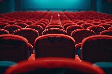 A cinema hall featuring rows of red seats facing a large screen. The empty theater is dimly lit, creating a calm atmosphere.