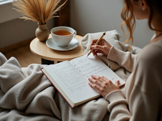 A reflective scene of a woman journaling about sleep, highlighting its impact on weight loss.