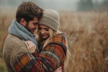 Young couple embracing in field wearing warm clothing