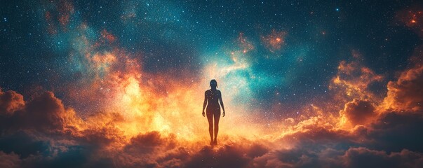 Obraz premium A person walking through the stars, blending into the Milky Way close up, focus on, copy space Double exposure silhouette with figure and starry sky