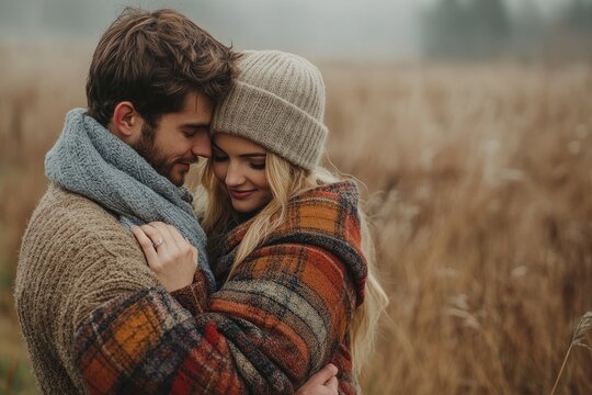 Young couple embracing in field wearing warm clothing