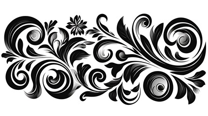 Fototapeta premium Black and white floral design with swirls and leaves.