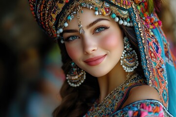 Beautiful middle eastern woman wearing traditional clothes and jewelry smiling