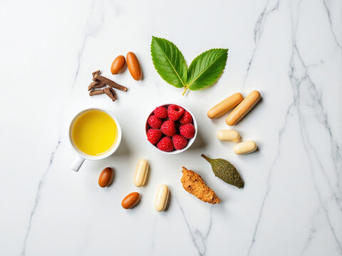 Natural weight loss supplement ingredients displayed in artistic composition, highlighting organic and natural elements
