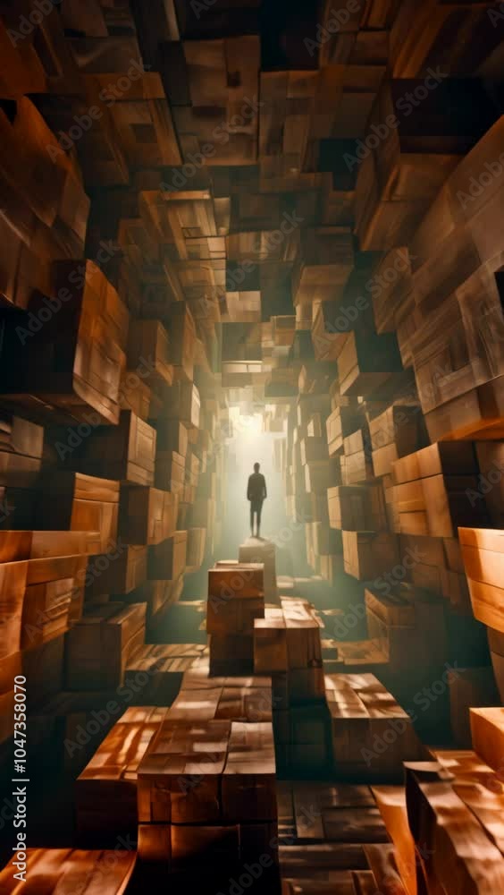 Aufkleber a person explores a mysterious corridor of wooden blocks illuminated by soft light in an intriguing 