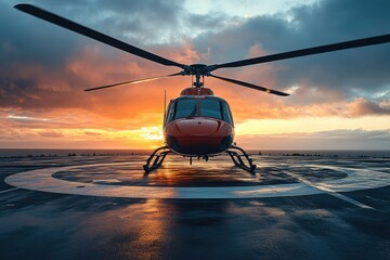 Red helicopter parked on helipad at sunset