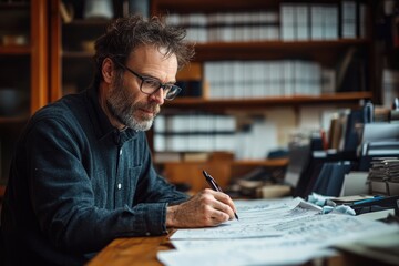 Fototapeta premium Focused architect working on blueprints in his office