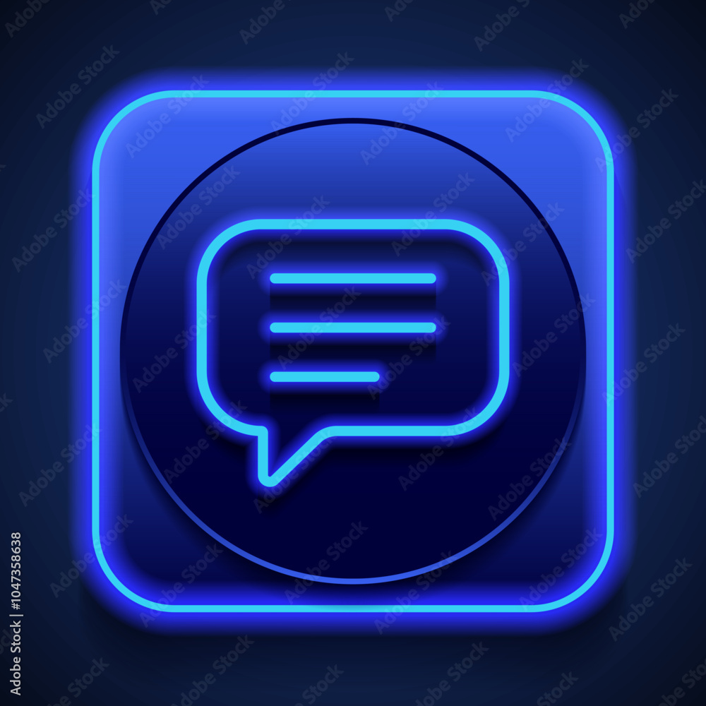 Poster chat, message, text simple icon vector. flat design. blue neon style on button. with shadow