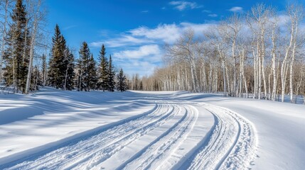 Obraz premium Winter landscape showcasing snowy paths and vibrant trees under a bright blue sky.