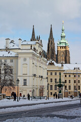 Fototapeta premium View of Hradcany Square and St. Vitus Cathedral in winter time. Prague, Czech Republic. 12.02.2021