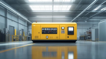 Bright yellow industrial diesel generator in modern factory setting with LED displays and emergency stop buttons in ultrahigh resolution technical documentation style