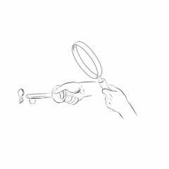 sketch image of a hand holding a magnifying glass and a key on a white background