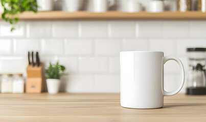 Fototapeta premium White Coffee Mugs Hanging on a Shelf in Kitchen: A Simple and Charming Display for Daily Use