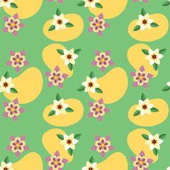 Colorful flower motif pattern with green background