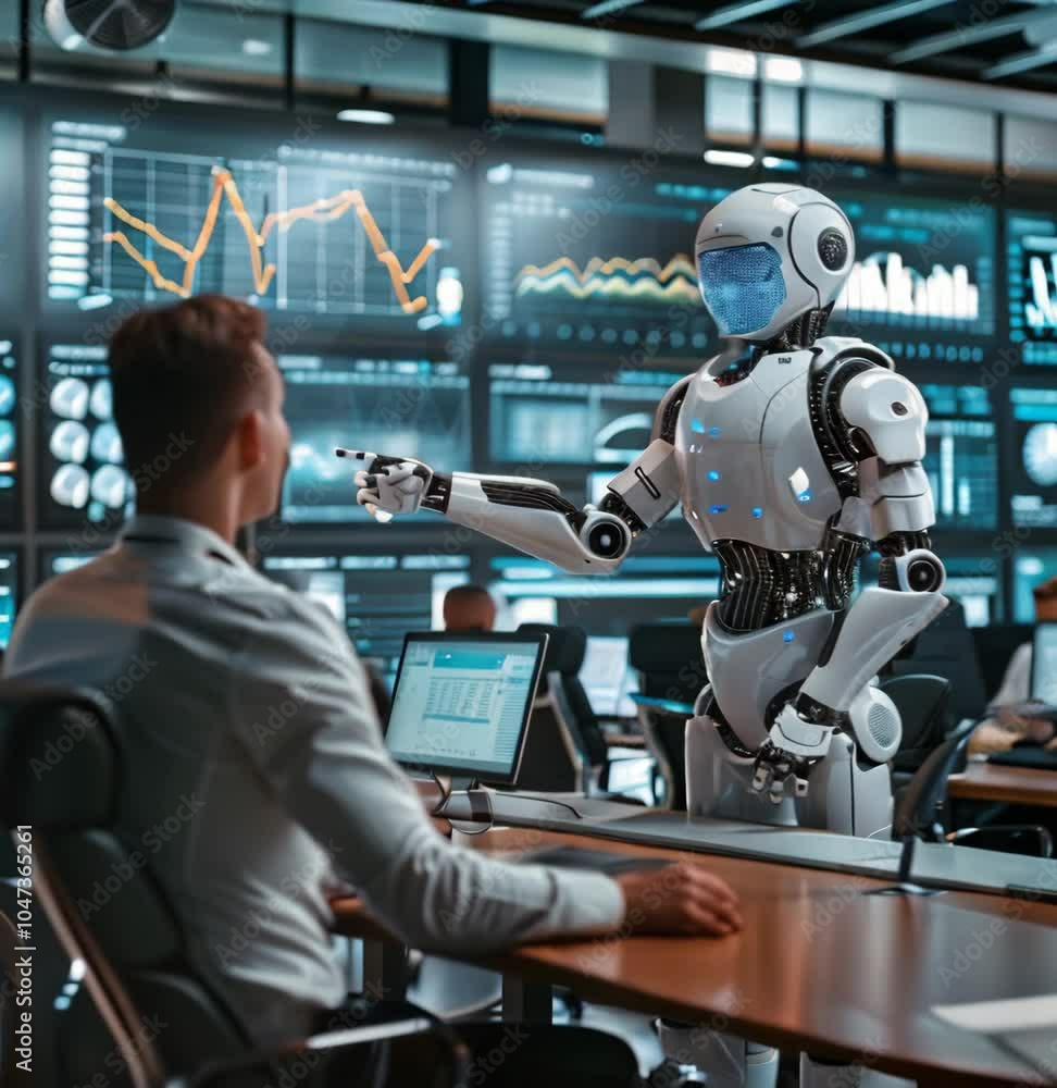 Poster a humanoid robot interacts with a human in a high-tech office discussing analytics and data trends