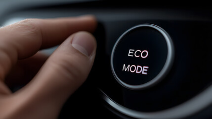 Close-Up of Hand Touching ECO MODE Button in a Car: Emphasising Eco-Friendly Driving and Fuel Efficiency