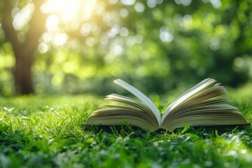 Open Book on Green Grass in Sunlight