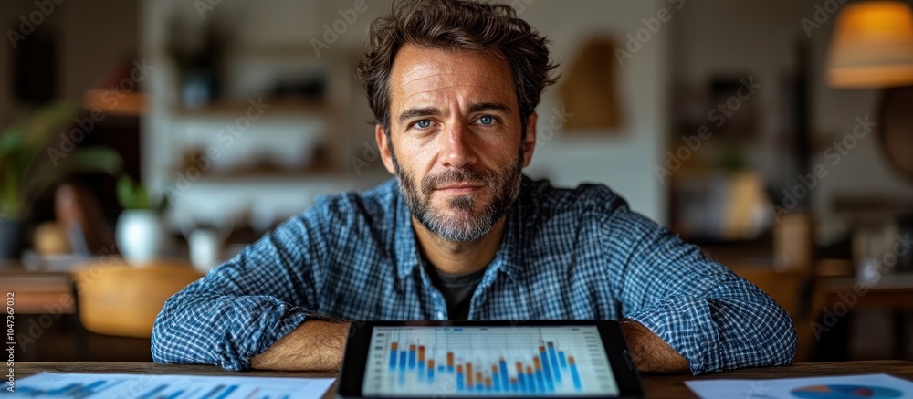 Poster a man analyzing data on a tablet, surrounded by charts and graphs in a cozy workspace.