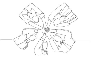 Continuous one line drawing of hands of group of female and male employees unite hands together, collaboration and teamwork concept, single line art.