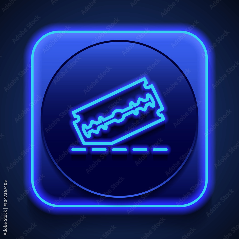 Poster blade razor with cutting line simple icon vector. flat design. blue neon style on button. with shado
