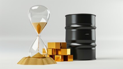 Hourglass, Gold Bars, and Oil Barrel on White Background