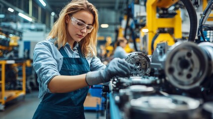 Fototapeta premium Assembly line workers assembling automotive parts in a factory, with modern machinery in the background