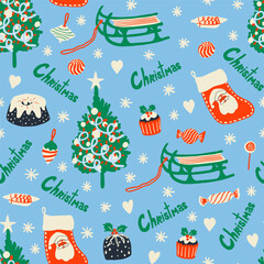 Christmas tree, stocking, cakes, sweets, tree ornaments, sleigh and other holiday elements fun seamless pattern. Cute holiday season pattern for paper, fabric design.