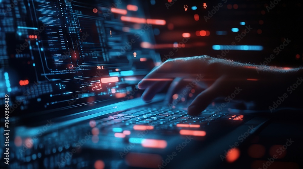 Poster futuristic hand on keyboard with data visualizations