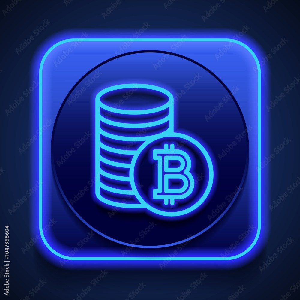 Poster bitcoin coins simple icon vector. flat design. blue neon style on button. with shadow