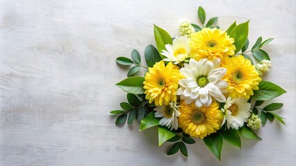 Fototapeta premium Yellow and white flower arrangement with green leaf