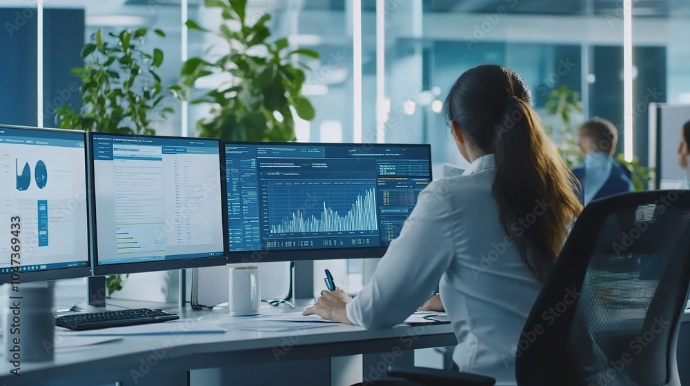 Poster professional workspace with multiple monitors and data display