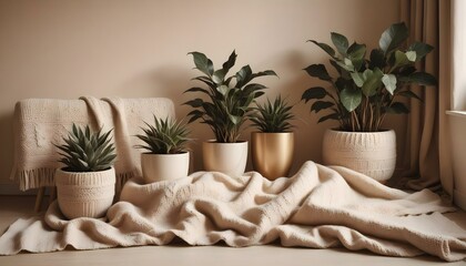 Potted houseplants against a cozy beige knitted blanket. AI generated