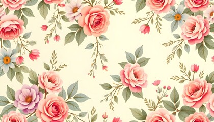 Vintage style floral pattern with pink roses. AI generated