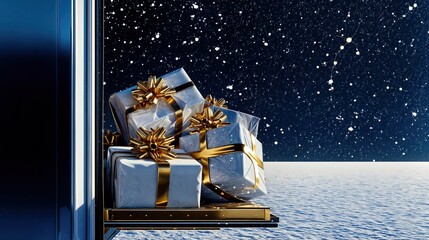 Silver Christmas gifts with gold bows in space cargo, festive holiday delivery under starry night sky
