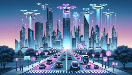 Futuristic Smart City with Drones Delivering Packages, Self-Driving Cars, and IoT-Connected Streetlights and Billboards