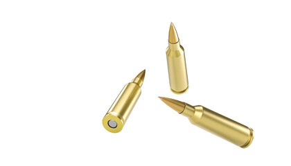 Three rifle bullets rotating on transparent background