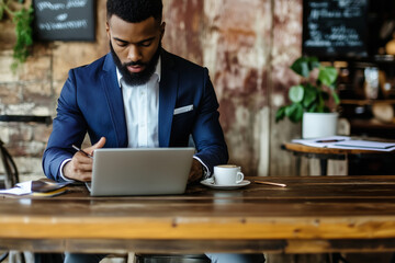  man in a suit is typing on a laptop in a cafe. He is wearing a tie and has a beard. The scene suggests a professional setting, possibly a business meeting or a work-related task