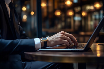 man is typing on a laptop in a restaurant. He is wearing a suit and tie and has a watch on his wrist. The atmosphere of the image is professional and focused